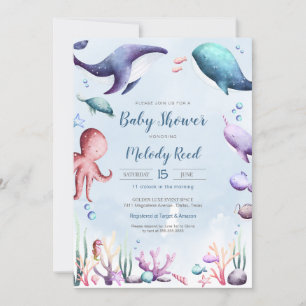 Under Sea Watercolor Ocean Animals Baby Shower Inbjudningar
