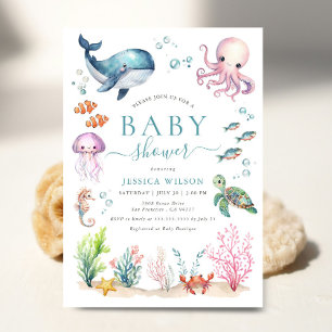 Under Sea Watercolor Ocean Animals Baby Shower Inbjudningar