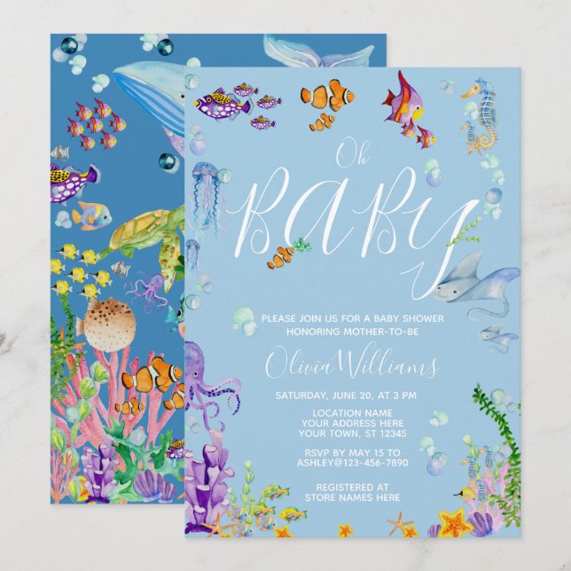 Under Sea Watercolor Oh Baby Shower Inbjudningar (Fram/baksida)