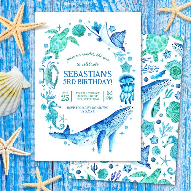 Under Sea Watercolor Sea CreatBlue Inbjudningar (Under the Sea Watercolor Sea Creatures Blue Invitation)