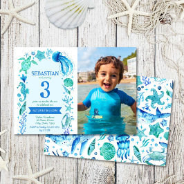 Under Sea Watercolor Sea Life Birthday Photo Inbjudningar