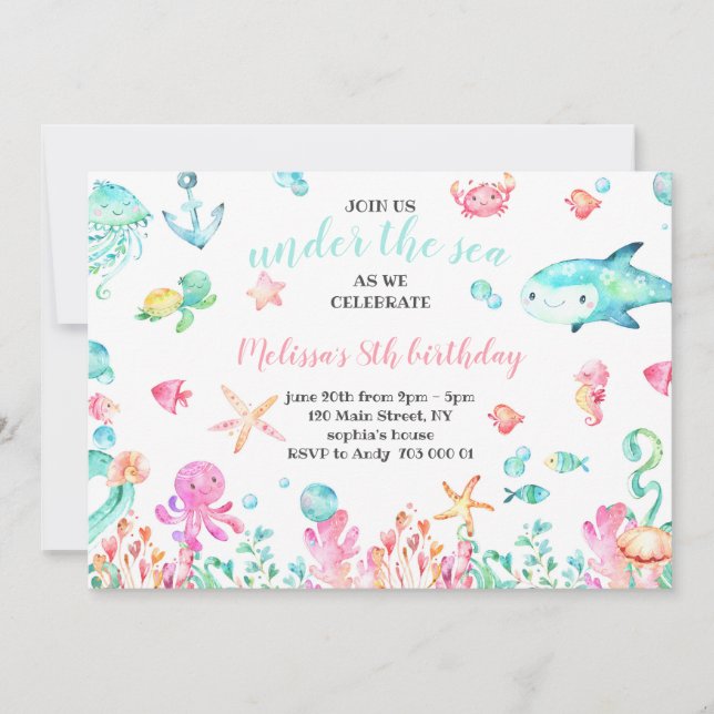 Under Sea Watercolor Summer Girl Birthday Inbjudningar (Framsida)
