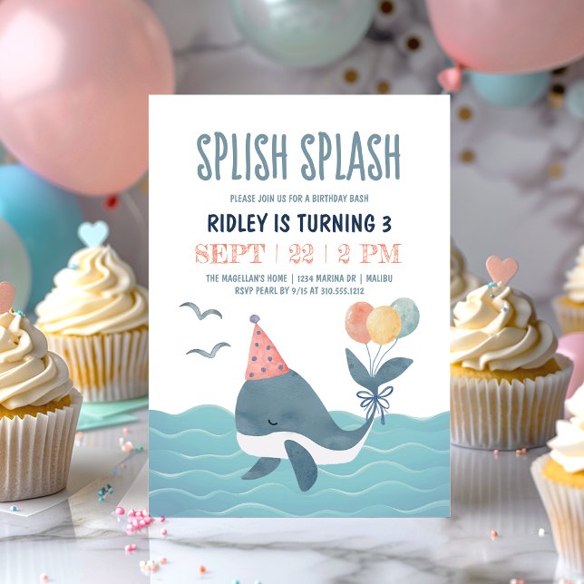 Under Sea Watercolor Whale Birthday Bash Inbjudningar (Skapare uppladdad)