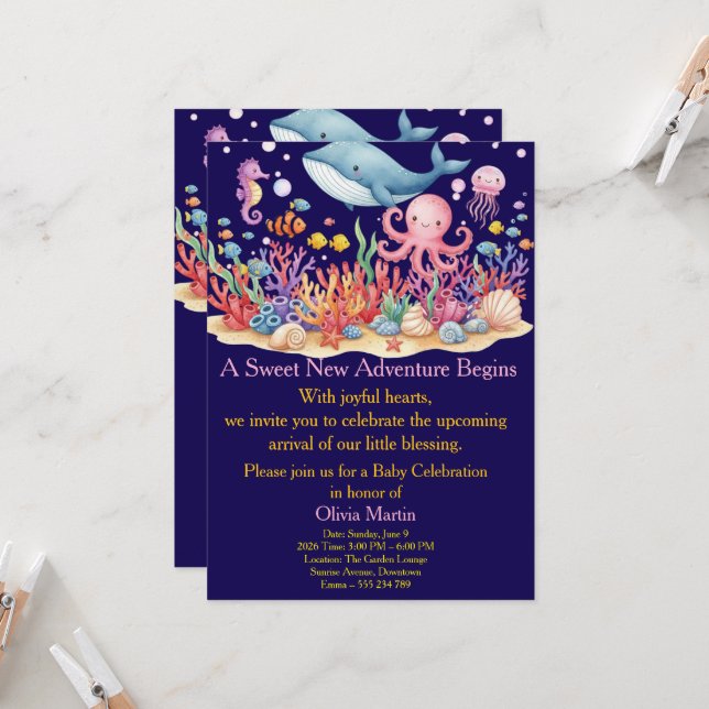 Under Sea Whale Baby Shower Custom Invitation Inbjudningar (Fram/Back In Situ)