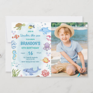 Under Sea Whale Shark Turtle Birthday Photo Inbjudningar
