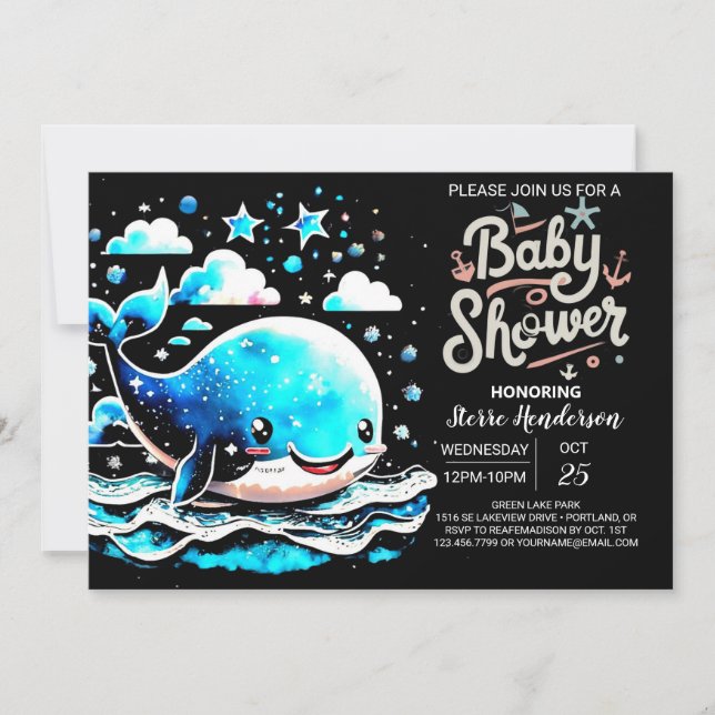 Under Sea Whale Watercolor Boy Shower Inbjudningar (Framsida)