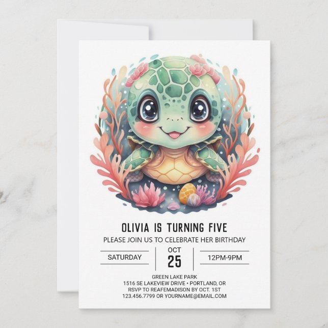 Under Sea Whimsical Turtle Girl Birthday Inbjudningar (Framsida)