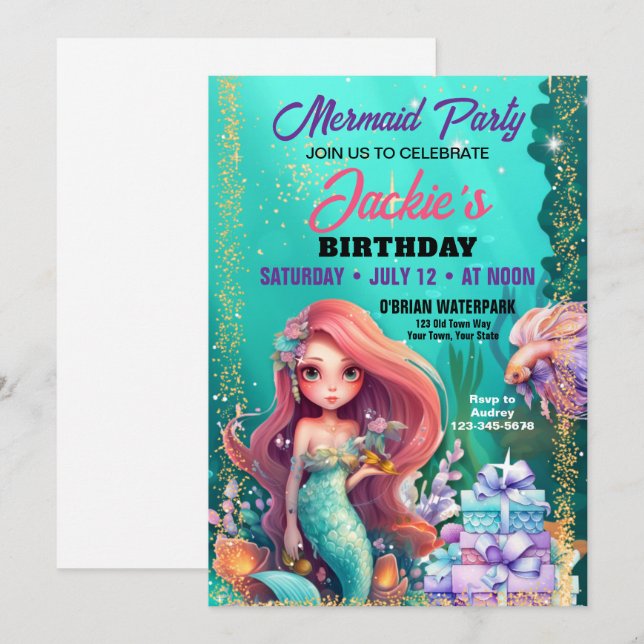 Under Sjöjungfrun Födelsedagsfest inbjudan (Fram/baksida)