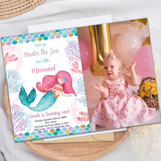 Under Sjöjungfrun Havets födelsedag Inbjudningar (Under the sea Mermaid Birthday Invitations w photo)