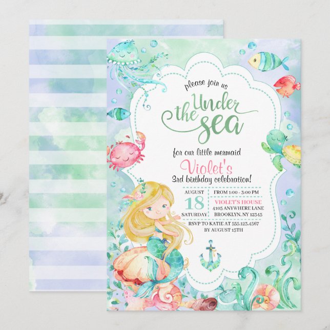 Under Sjöjungfrun Havets födelsedag Inbjudningar (Fram/baksida)