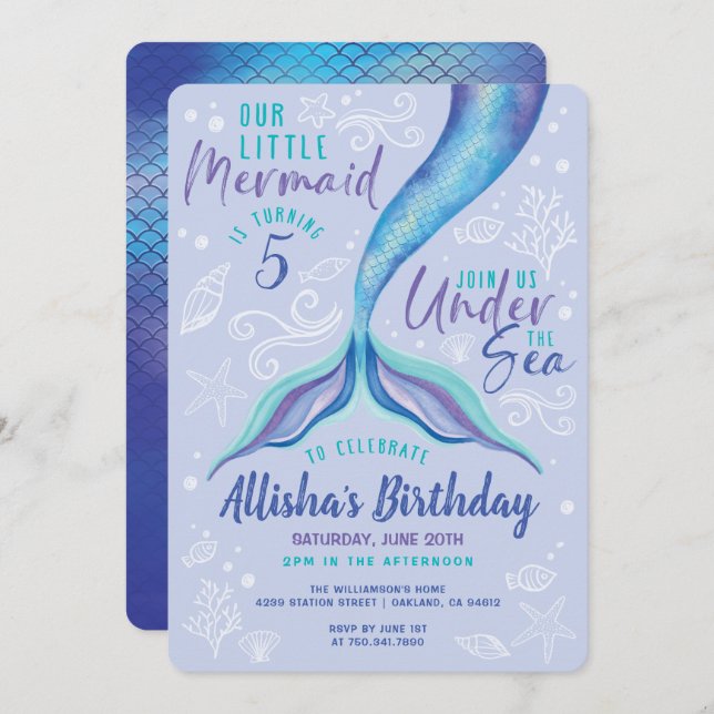 Under Sjöjungfrun Havsblå havsfärgad bevattningsfä Inbjudningar (Fram/baksida)