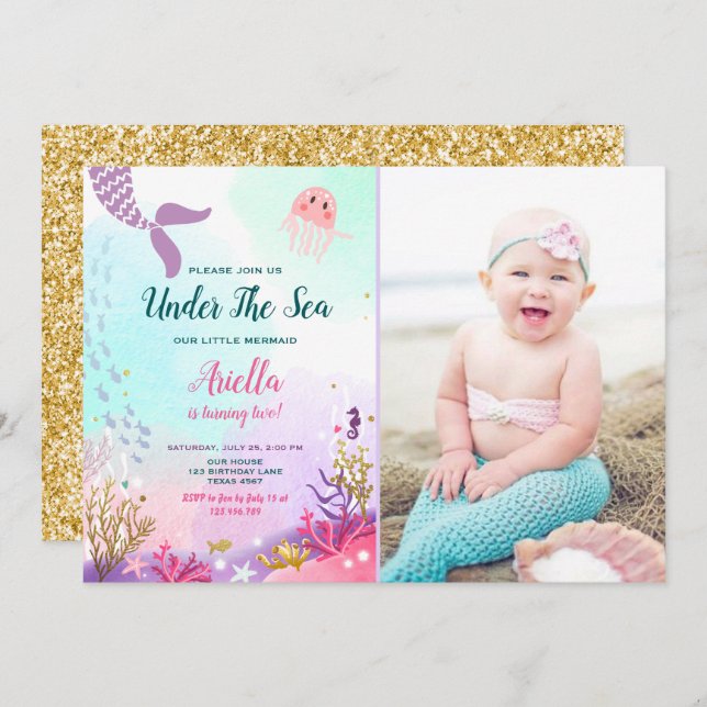 Under Sjöjungfruns födelsedag Lila Inbjudningar (Fram/baksida)