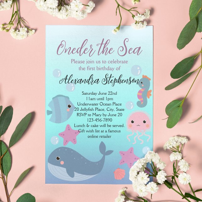 Under sjön en havsstrandflicka första födelsedag inbjudningar (under the sea first birthday oneder the sea 1st birthday girls invitation)