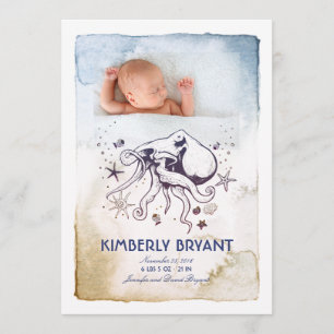 Under sjön - Nautisk vattenfärg Baby Birth Meddelande