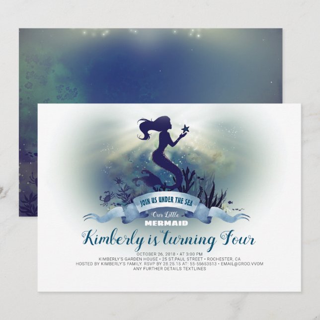 Under sjön - Sjöjungfru och Starfish Birthday Inbjudningar (Fram/baksida)