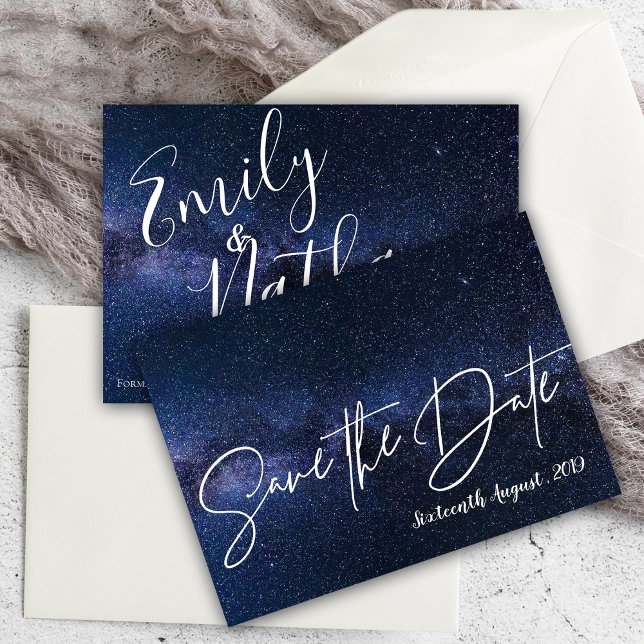Under Stars Blue Night Himlar Typography Bröllop Spara Datumet (Under The Stars Blue Night Sky Typography Wedding Save The Date)