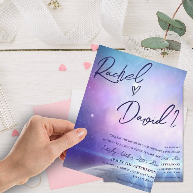 Under Stars Lila Rosa Typografi Bröllop (Under the Stars Purple Pink Typography Wedding Invitation)