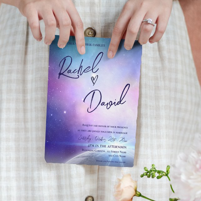 Under Stars Lila Rosa Typografi Bröllop (Under the Stars Purple Pink Typography Wedding Invitation)