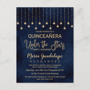 Under Stars Navy Blue Guld Gnistra Quinceañera Inbjudan Vykort