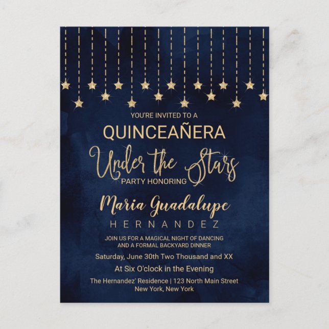 Under Stars Navy Blue Guld Gnistra Quinceañera Inbjudan Vykort (Framsida)