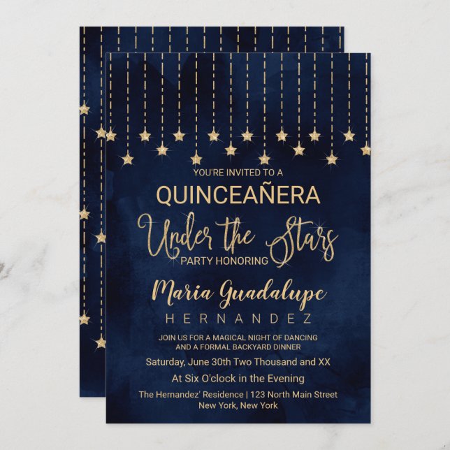Under Stars Navy Blue Guld Gnistra Quinceañera Inbjudningar (Fram/baksida)