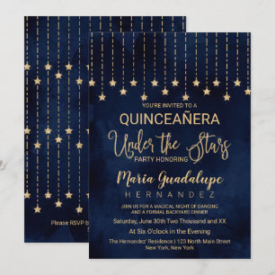 Under Stars Navy Blue Guld Gnistra Quinceañera Inbjudningar