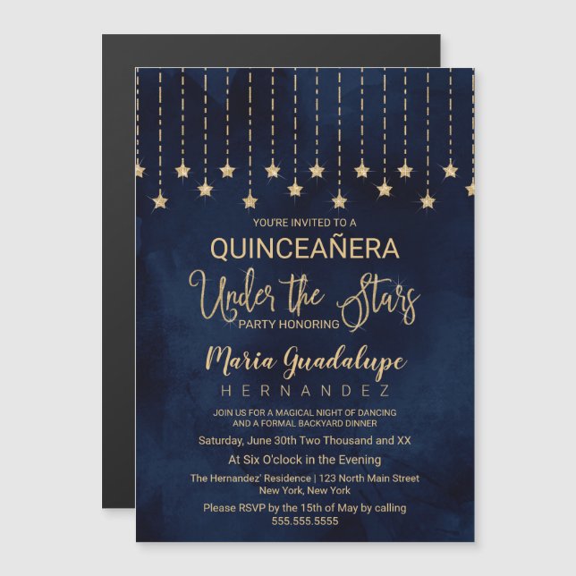 Under Stars Navy Blue Guld Gnistra Quinceañera Magnetisk Inbjudningskort (Fram/baksida)