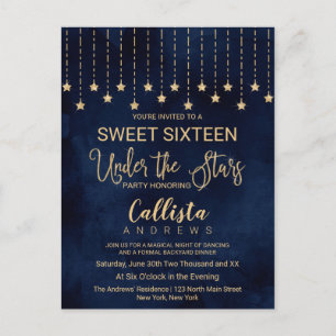 Under Stars Navy Blue Guld Sparkles Sweet 16 Inbjudan Vykort