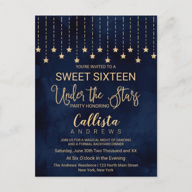 Under Stars Navy Blue Guld Sparkles Sweet 16 Inbjudan Vykort (Framsida)