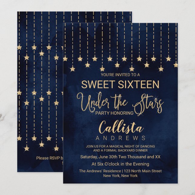 Under Stars Navy Blue Guld Sparkles Sweet 16 Inbjudningar (Fram/baksida)