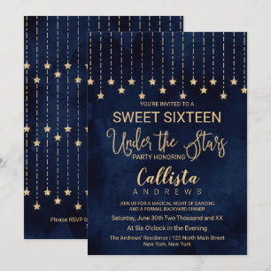 Under Stars Navy Blue Guld Sparkles Sweet 16 Inbjudningar