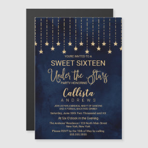 Under Stars Navy Blue Guld Sparkles Sweet 16 Magnetisk Inbjudningskort