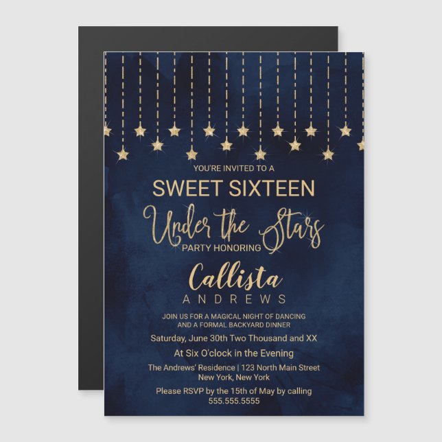 Under Stars Navy Blue Guld Sparkles Sweet 16 Magnetisk Inbjudningskort (Fram/baksida)