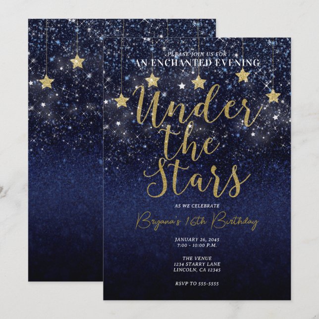 Under Stars Starry Night Guld Blue Prom Party Inbjudningar (Fram/baksida)