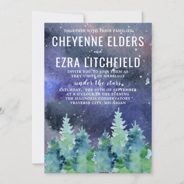 Under Stars Watercolor Night Bröllop Inbjudningar (Framsida)