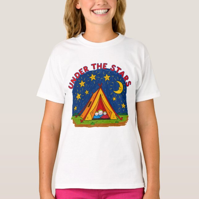 Under Stjärnorna Barn Camping Ritning T Shirt (Framsida)