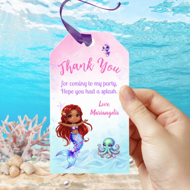 Under the sea - Afro Mermaid Birthday Presentetikett (Skapare uppladdad)
