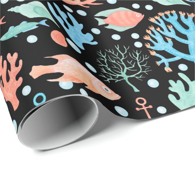 Under The Sea Ängel Fisk Korall Ankare Marin Svart Presentpapper (Rullad Hörn)