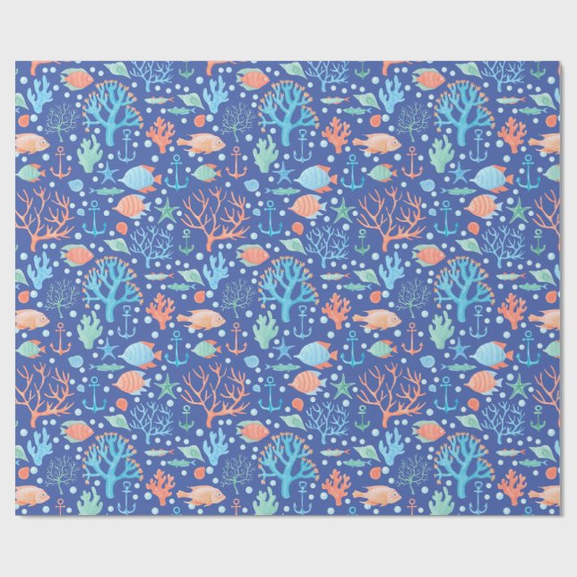 Under The Sea Ängelfisk Korall Ankare Marin Blå Presentpapper (Platt)