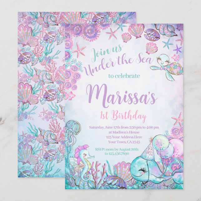 Under the Sea Animals Birthday Invitation Inbjudningar (Fram/baksida)