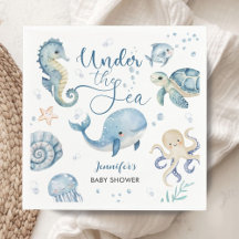 Under The Sea Baby Shower Blå Pojke Akvarell