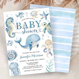 Under The Sea Baby Shower Pojke Blå Ocean Inbjudningar