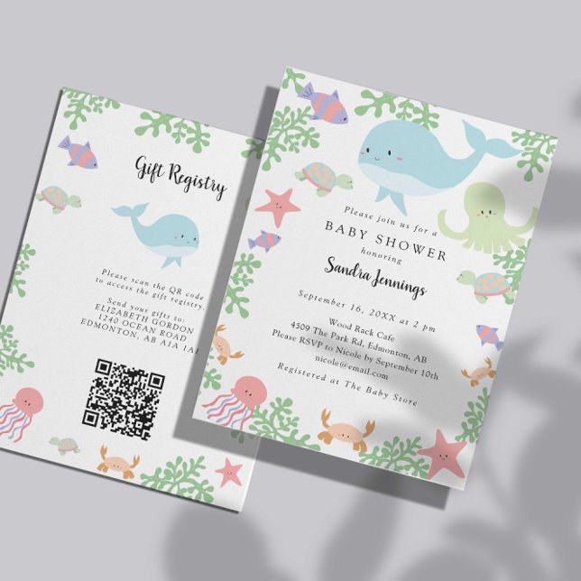 Under the Sea Baby Shower Presentregister QR-kod Inbjudningar (Sea Creatures Baby Shower Invitation QR Code Gift Registry)
