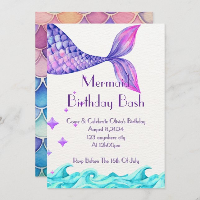 UNDER THE SEA BIRTHDAY INVITATION FOR GIRLS INBJUDNINGAR (Fram/baksida)