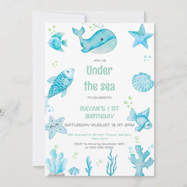 Under the Sea Blå och Grön Födelsedag  Inbjudningar (Framsida)