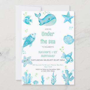 Under the Sea Blå och Grön Födelsedag Inbjudningar