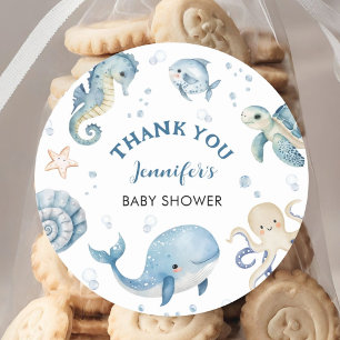 Under The Sea Blå Pojke Akvarell Baby Shower Runt Klistermärke