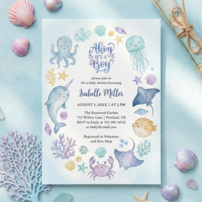 Under the Sea Blue Ahoy It's a Boy Baby Shower Inbjudningar (Under the Sea Blue Ahoy It's a Boy Baby Shower Invitation)