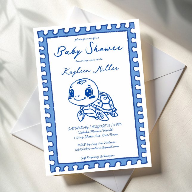 Under the sea blue cute turtle baby shower inbjudningar (Under the sea turtle blue cute hand drawn post stamp turtle baby shower invitation cards template )