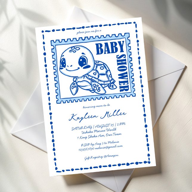 Under the sea blue cute turtle baby shower inbjudningar (Under the sea blue cute turtle baby shower invitation cards template hand drawn post stamp turtle)